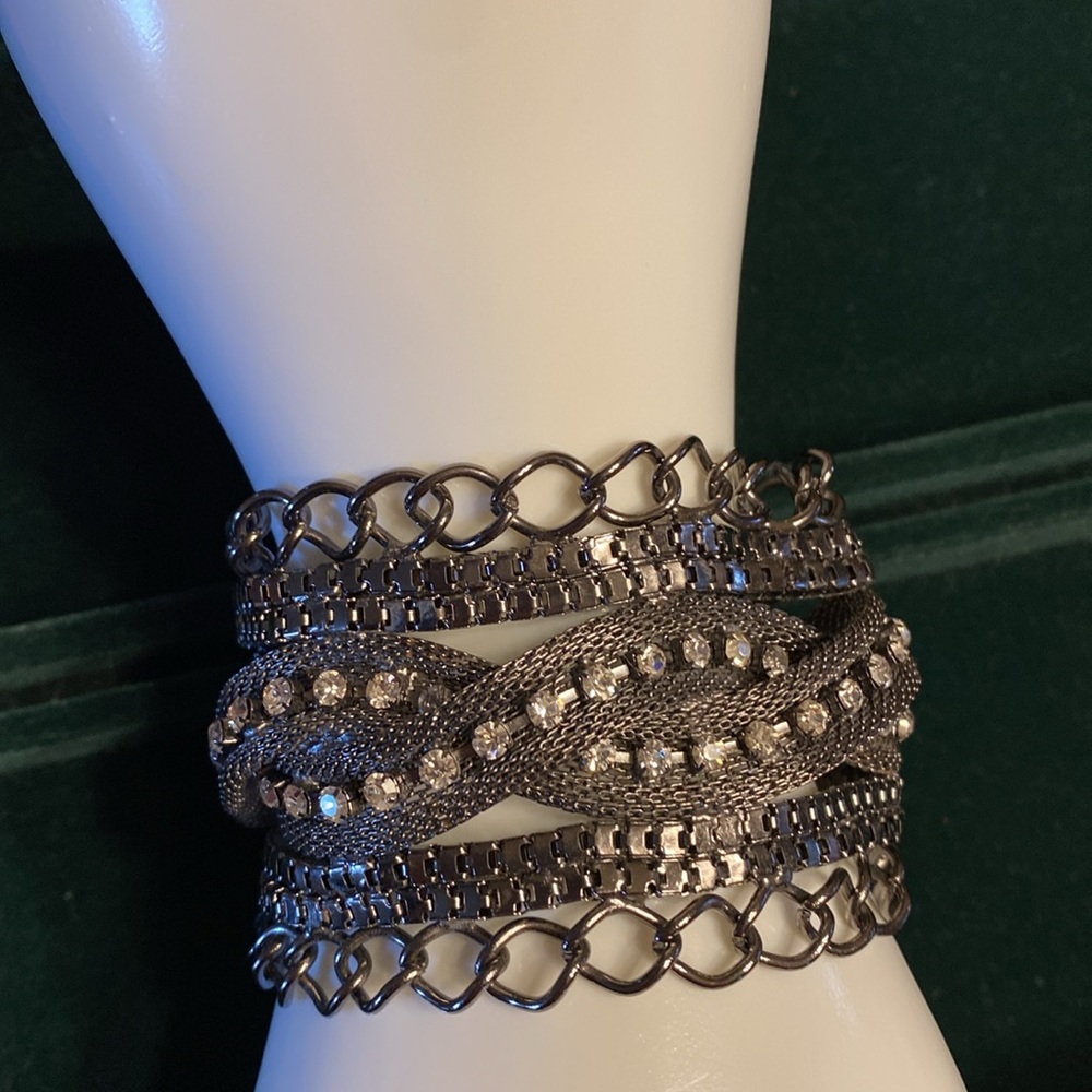 Chunky Silver Tone Crystal Multi-Row Bracelet - Picture 4 of 16